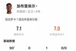 加布里埃尔本场数据：1助攻8解围+1错失进球机会，评分7.1
